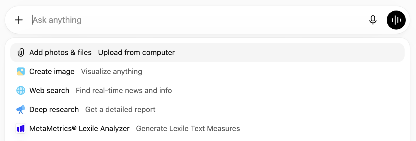 Image that shows the Lexile Analyzer app in the chatGPT plugin selection